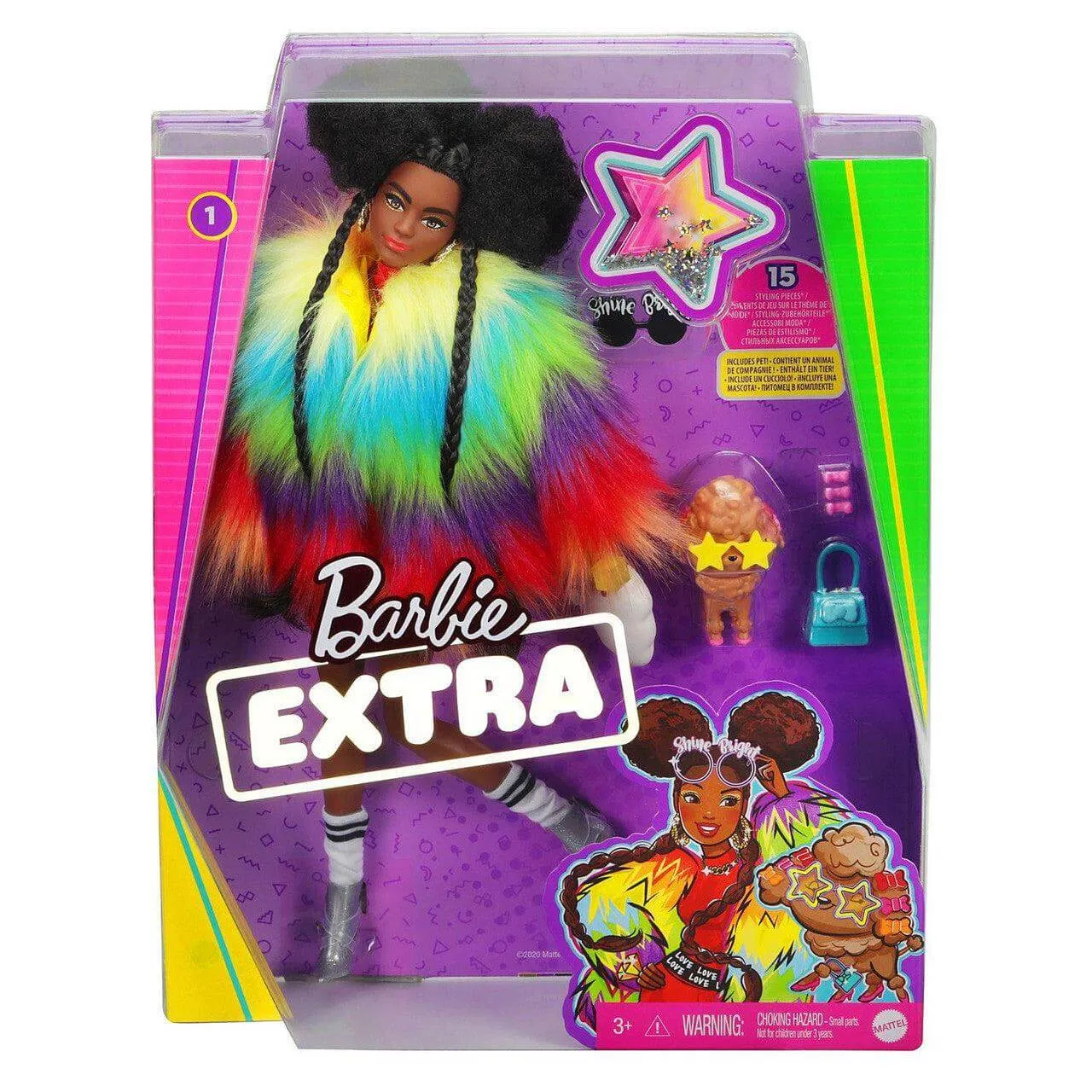 Barbie EXTRA Doll #1 in Rainbow Coat with Pet Poodle