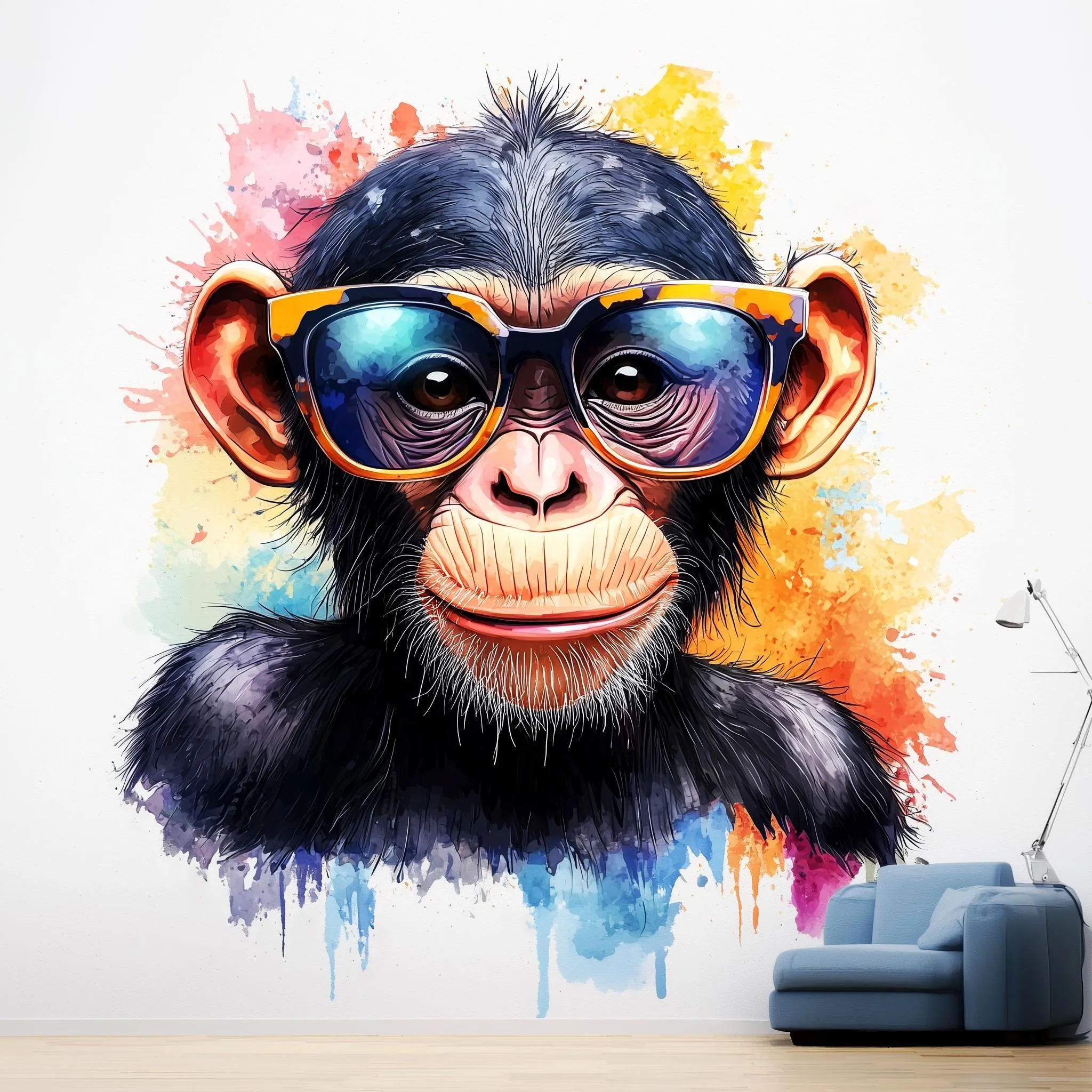 Colorful Baby Chimpanzee Wall Sticker | Cute Animal Decal | Playful Kids Room Decor | Cool Chimp Wall Decal with Sunglasses Fun Nursery Art