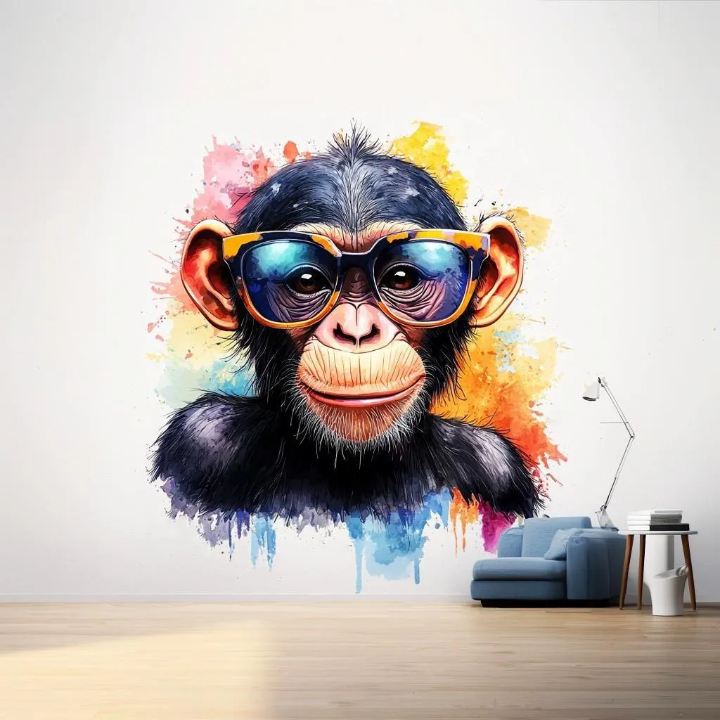 Colorful Baby Chimpanzee Wall Sticker | Cute Animal Decal | Playful Kids Room Decor | Cool Chimp Wall Decal with Sunglasses Fun Nursery Art