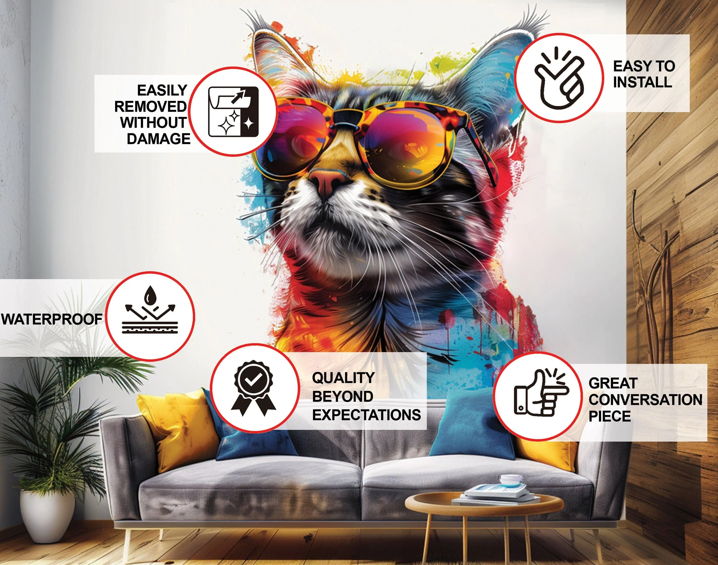 Colorful Maine Coon Cat Wall Sticker with Sunglasses - Modern Kittent Art Decal