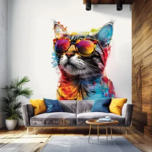 Colorful Maine Coon Cat Wall Sticker with Sunglasses - Modern Kittent Art Decal