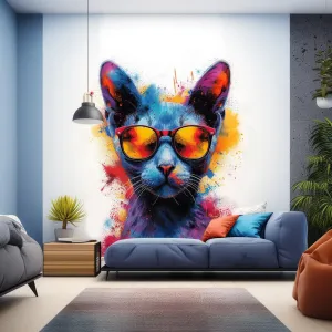 Colorful Watercolor Cat in Glasses Wall Decal - Vibrant Kitten Room Sticker Decor