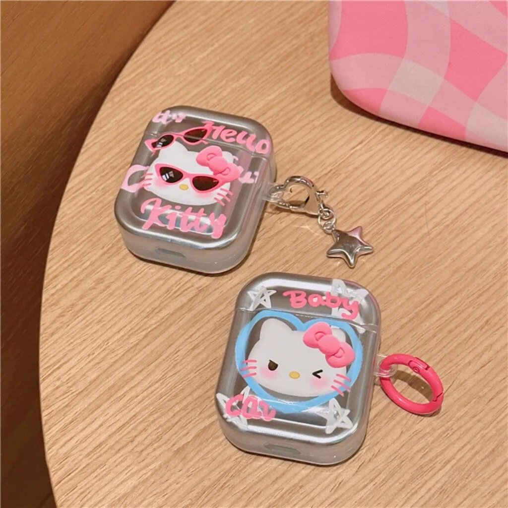 Cute Electroplated Silver HELLO KITTY Protective Cover AirPods Case   Carabiner Chain for AirPods 1 2 3 Pro 2 Generation Shockproof Case