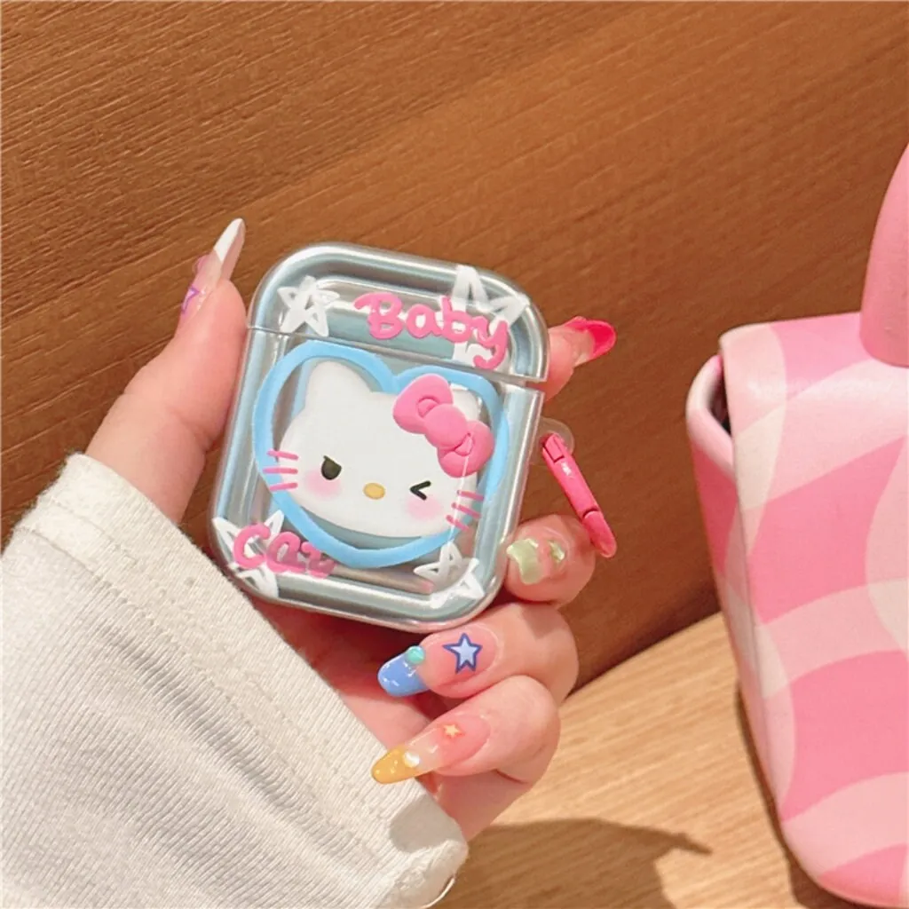 Cute Electroplated Silver HELLO KITTY Protective Cover AirPods Case   Carabiner Chain for AirPods 1 2 3 Pro 2 Generation Shockproof Case