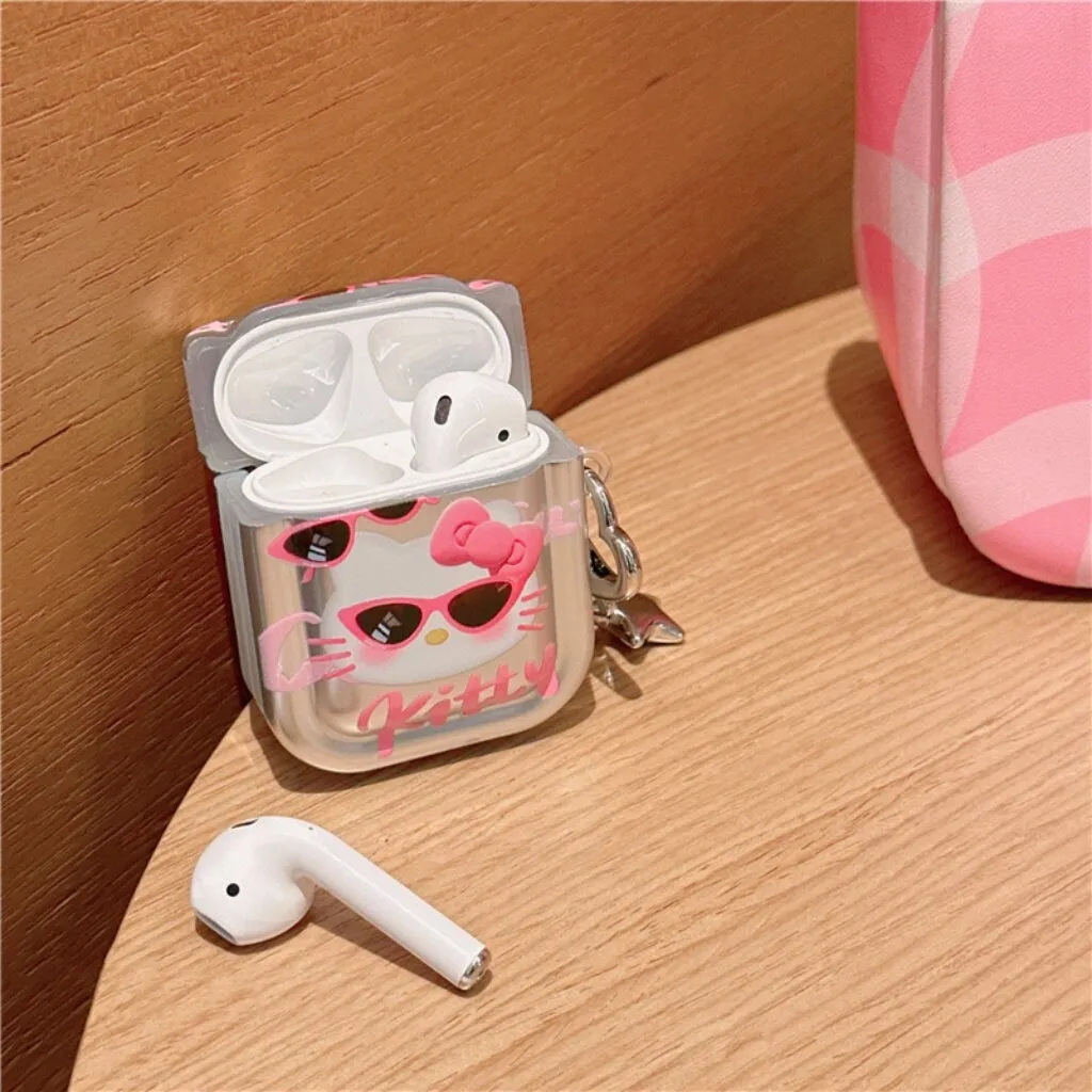 Cute Electroplated Silver HELLO KITTY Protective Cover AirPods Case   Carabiner Chain for AirPods 1 2 3 Pro 2 Generation Shockproof Case