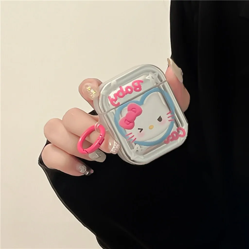 Cute Electroplated Silver HELLO KITTY Protective Cover AirPods Case   Carabiner Chain for AirPods 1 2 3 Pro 2 Generation Shockproof Case