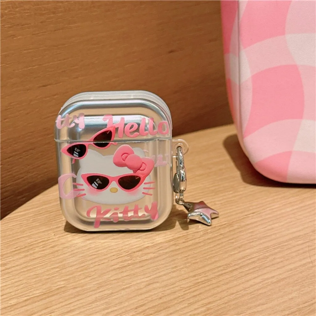 Cute Electroplated Silver HELLO KITTY Protective Cover AirPods Case   Carabiner Chain for AirPods 1 2 3 Pro 2 Generation Shockproof Case