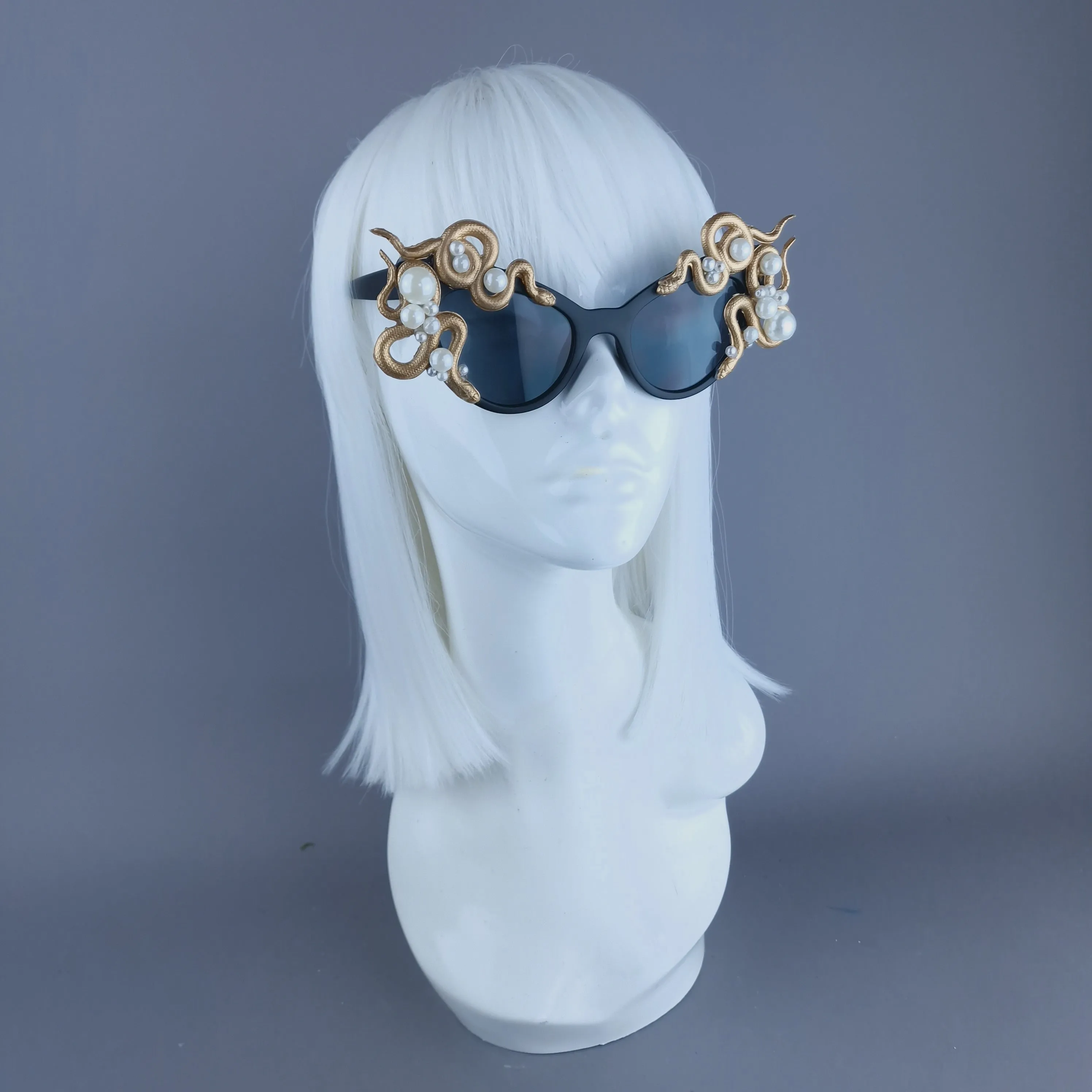 "Ethelinda" Gold & Pearl Snake Black Sunglasses