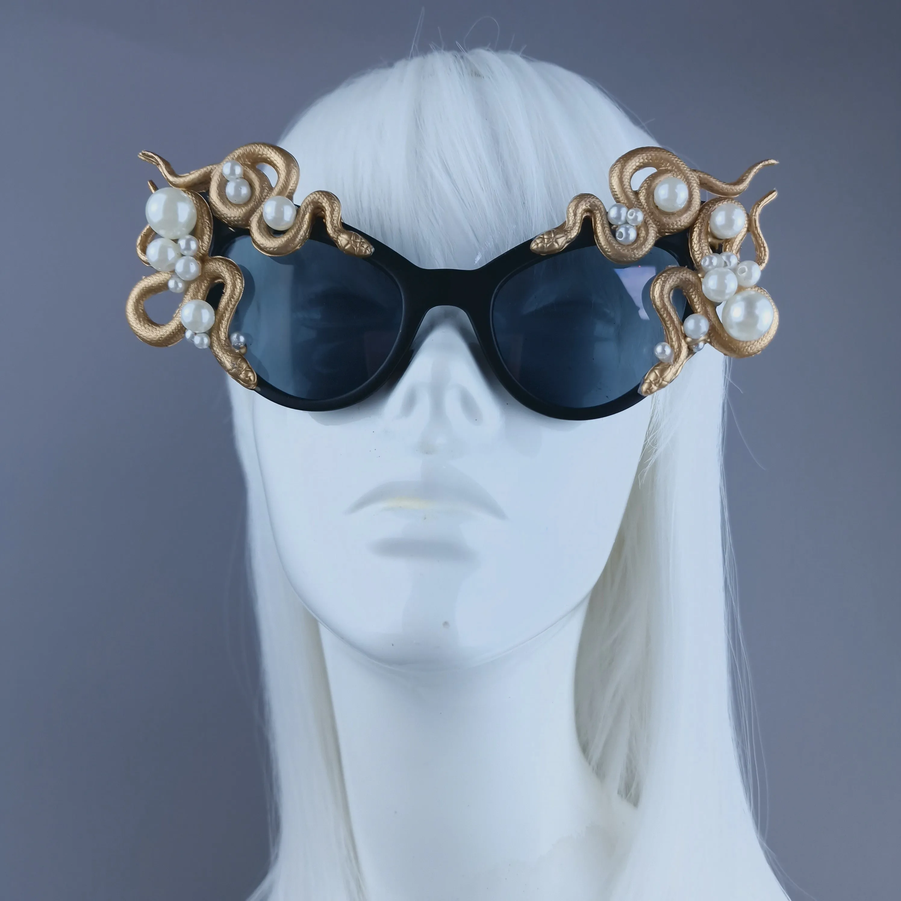 "Ethelinda" Gold & Pearl Snake Black Sunglasses