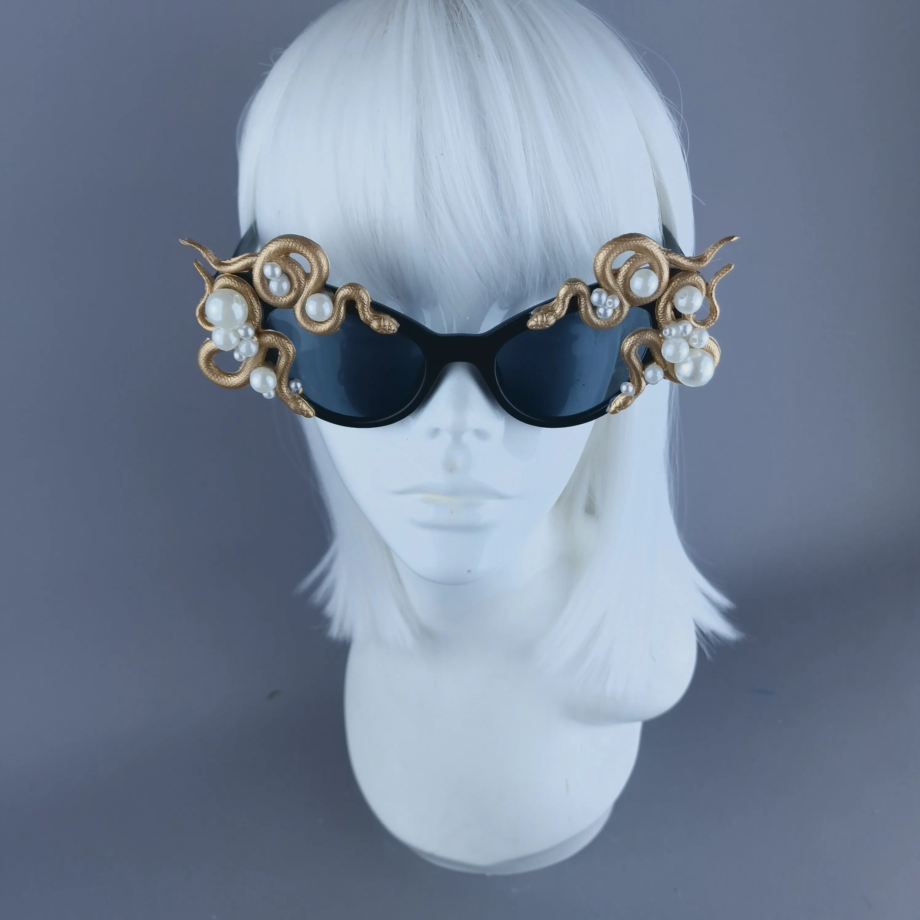 "Ethelinda" Gold & Pearl Snake Black Sunglasses