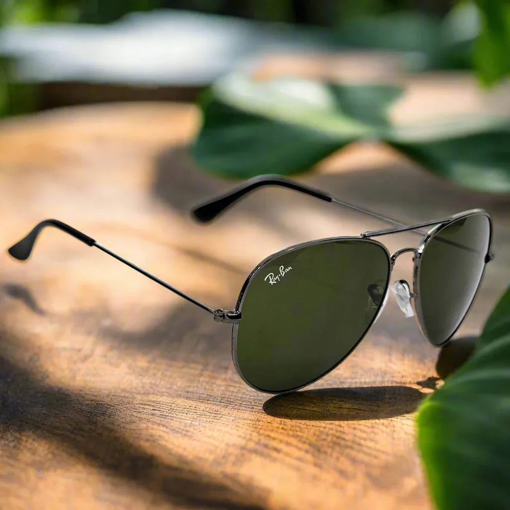 Ray-Ban Rimmed Classic Aviators GunMetal Frame With Green Lens