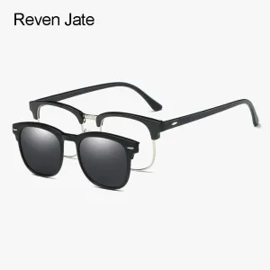 Reven Jate Men's Full Rim Square Polycarbonate Eyeglasses Clip On Polarized Sunglasses 2218