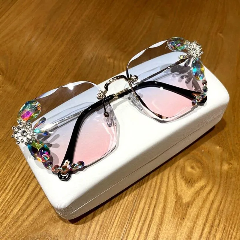 Rhinestone Adorned Rimless Square Sunglasses