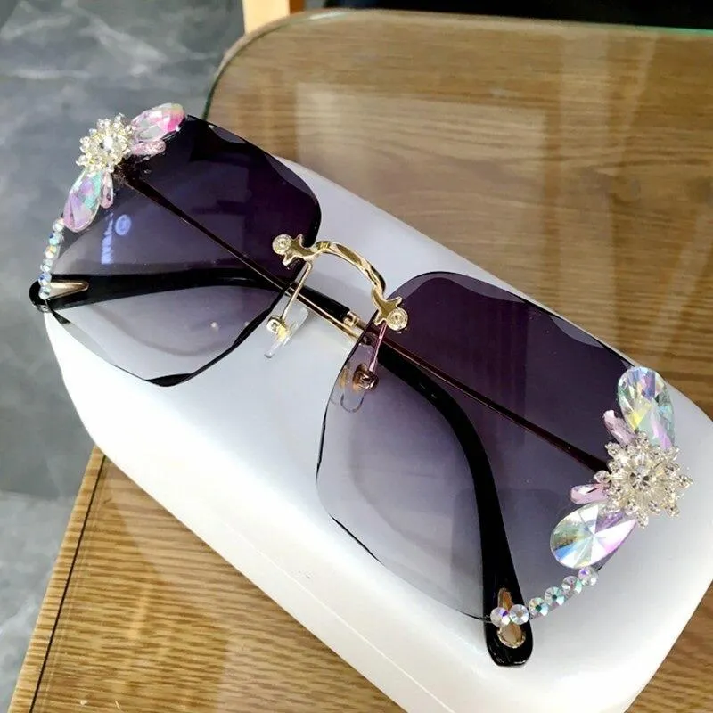 Rhinestone Adorned Rimless Square Sunglasses